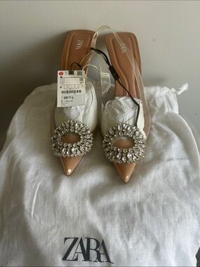 Zara Nude Pointed Slingback Mules with Crystal Brooch